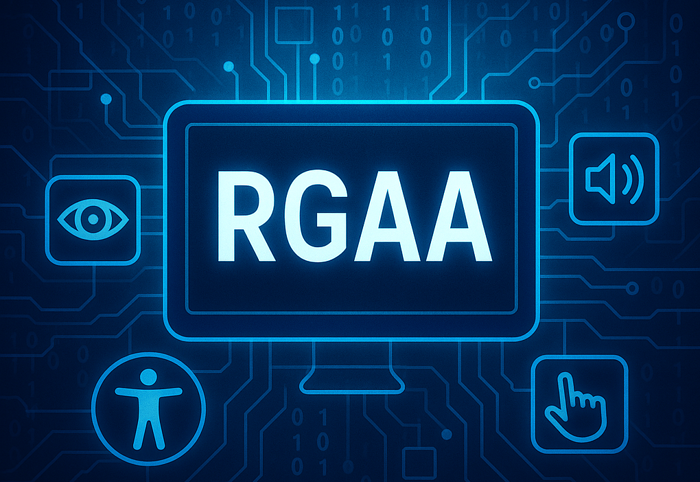 Un écran sur lequel est écrit RGAA. Autour des symboles représentants la vue, le son, le toucher et l'accessibilité pour tous